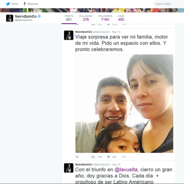 Foto de Nairo Quintana con su esposa y su hija