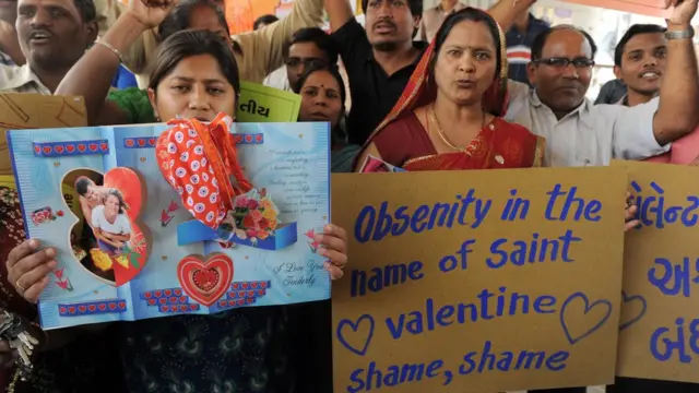 Indian 'Bhartiya Sanskruti Sewa Samiti' activists do protest against Valentine Day on February 14, 2012.