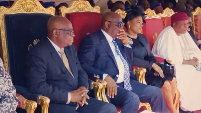 Chief Justice Walter Onnoghen sidon for left, Govnor Wike and im wife dey center plus National Industrial Court of Nigeria, Justice Babatunde Adediran Adejumo wey dey left