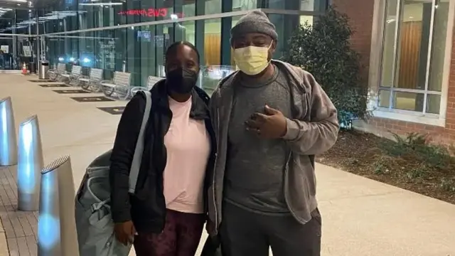 Tia and Rodney Wimbush arrive at Piedmont Atlanta Hospital for transplant surgery on March 19.