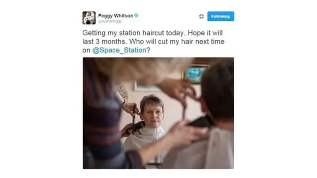 เพ็กกี้ ทวีตรูปตอนเธอตัดผมครั้งสุดท้าย 3 วันก่อนเดินทางขึ้นไปยังห้วงอวกาศ