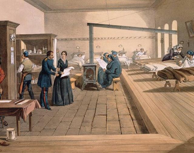 Painting of Nightingale speaking to an army officer at Barracks Hospital in 1856
