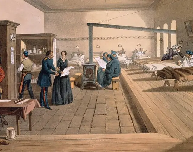 لوحة تمثل نايتنغيل وهي تتحدث مع ضابط في الجيش في مستشفى باراكس عام 1856