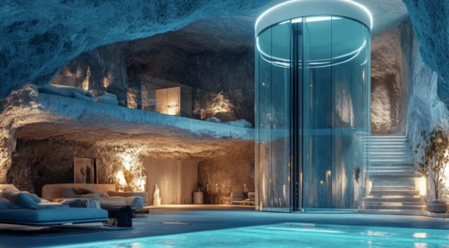 Imagem de um bunker subterrâneo com piscina, sofás