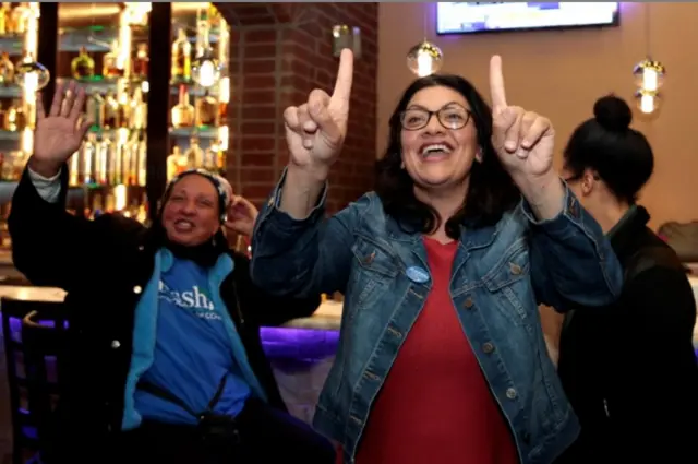 Democratic U.S. congressional candidate Rashida Tlaib celebrates with family and friends at her midterm election night party in Detroit, Michigan, U.S. November 6, 2018.