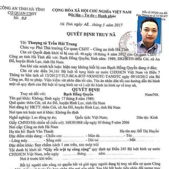 Quyết định truy nã đối với Bạch Hồng Quyền