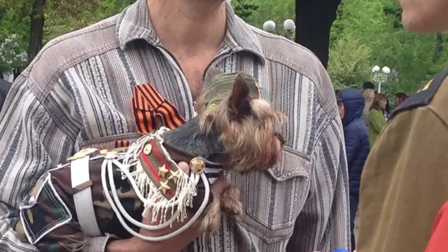 Чоловік з георгіївською стрічкою тримає на руках маленьку собаку у військових лахміттях