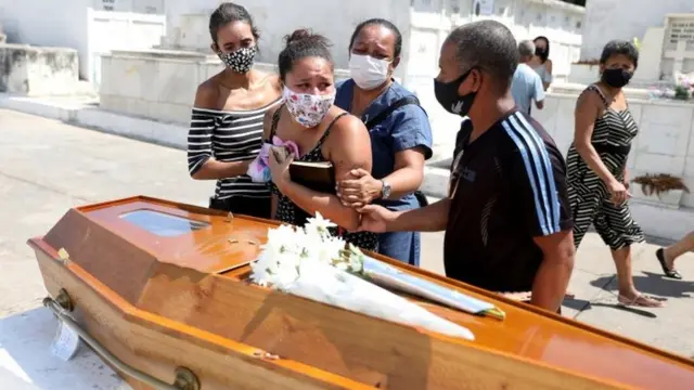 Familiares de vítima de covid-19 choram em volta de caixão durante enterro