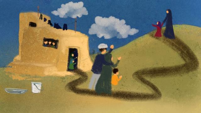 Illustration showing Nazanin leaving her family home