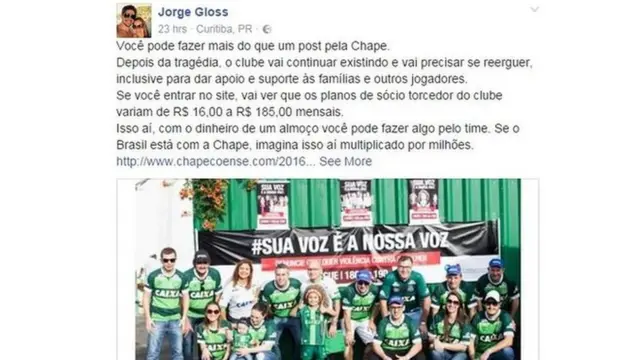 Postagem pedindo que pessoas ajudassem Chapecoense