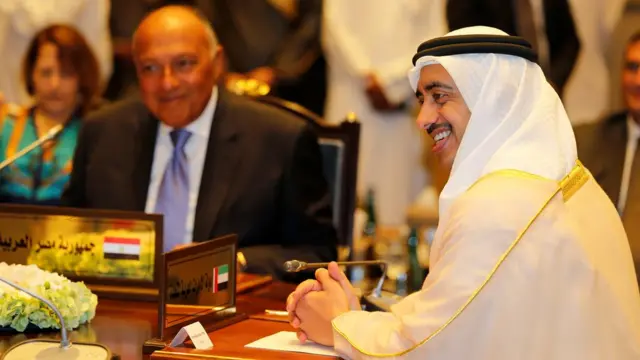 وزير الخارجية الإماراتي الشيخ عبد الله بن زايد ونظيره المصري سامح شكري قبيل بدء اجتماع المنامة.