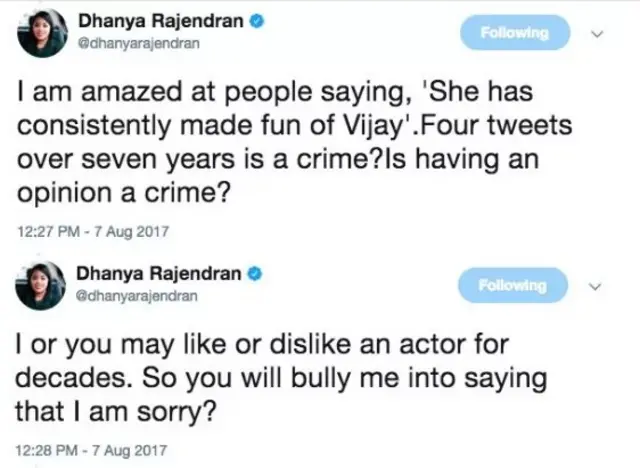 நடிகர் விஜயின் திரைப்படைத்தை விமர்சித்த பெண் பத்திரிகையாளருக்கு டிவிட்டரில் தொடரும் தாக்குதல்