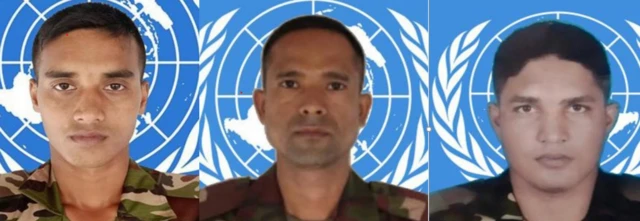 নিহত তিন বাংলাদেশি শান্তিরক্ষী (বাম থেকে): জাহাঙ্গীর আলম, জসীম উদ্দীন এবং শরিফ হোসেন।