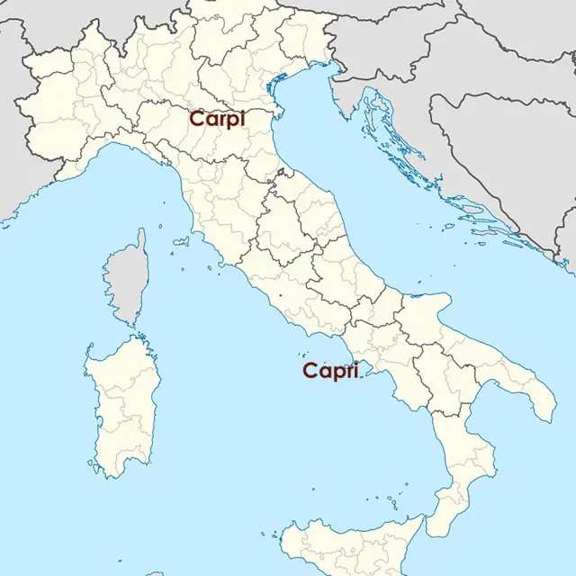 Mapa de Italia mostrando dónde quedan Capri y Carpi