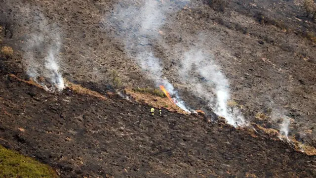Лесные пожарные борются с лесным пожаром в Игуэне, северо-западная испанская провинция Леон, 22 августа 2025 года