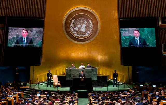 O presidente Jair Bolsonaro discursando na Assembleia Geral da ONUcasino online brasil2019