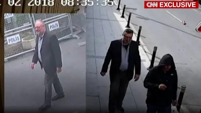 عميل سعودي - يمين الصورة - في ملابس خاشقجي، بحسب ما قالته سي إن إن