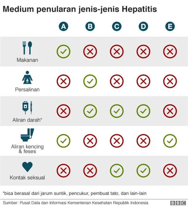 Infografis medium penularan jenis-jenis hepatitis.