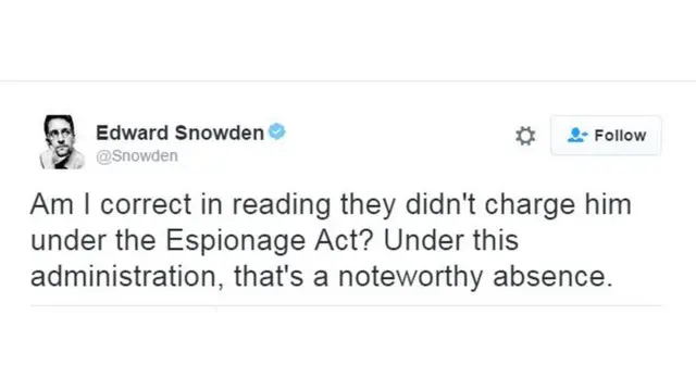 Edward Snowden Twitter'da "Doğru mu okuyorum? Onu (Martin'i) casuslukla suçlamıyorlar mı? Bu, mevcut hükümet için kayda değer bir eksiklik" yazdı.
