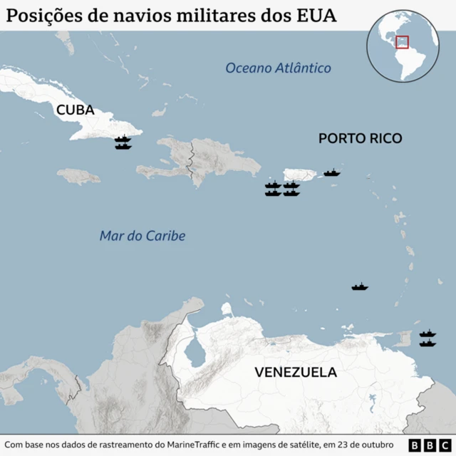 Mapa mostra navios militares posicionados na região do Caribe e América Central; há 10 deles espalhados pelo mapa