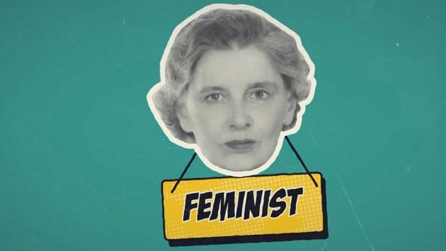 A woman with the label "feminist" on her