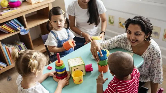 Crianças brincando com uma professora na salaapostaganhabr.comaula