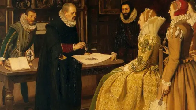 William Gilbert haciendo una demostración con un imán para la reina Isabel I.