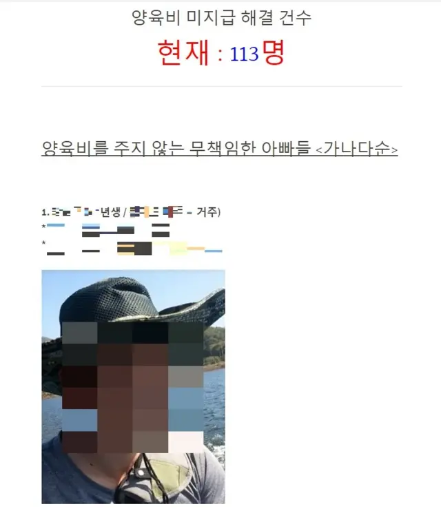 배드파더스 사이트에 공개된 양육비 미지급자 신상 공개 예시