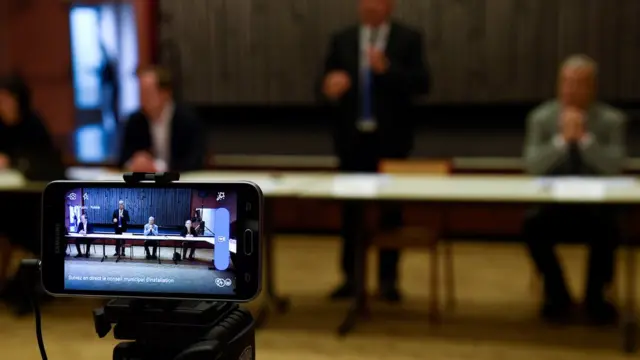 An election meeting in France, live streamed on the internet to comply with social distancing rules