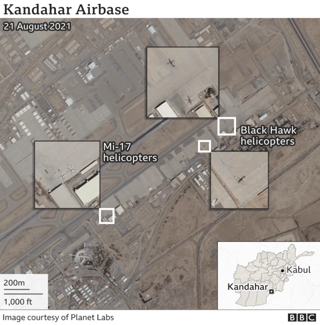 Satellite image of Kandahar Air Base with military aircraft on the ground. Updated 27 Aug.