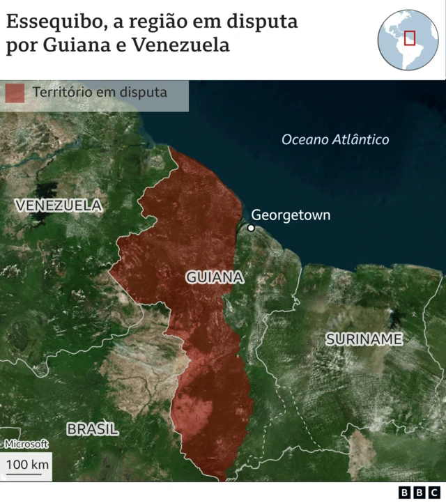 Mapa mostra região do Essequibo destacada, entre Guiana, Equador e Brasil