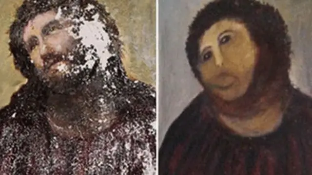Elias Garcia Martinez'in Ecce Homo eseri (solda) ve restore edilmiş versiyonu