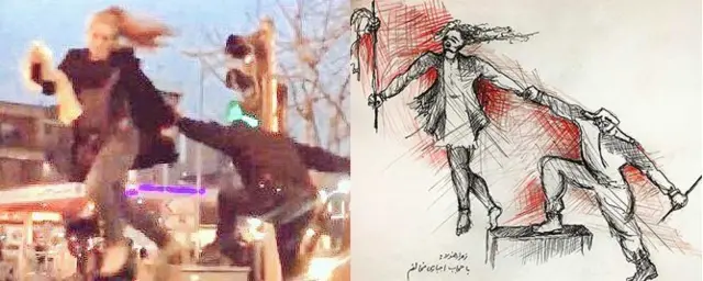 از راست؛ طرحی که زهرا رهنورد از خشونت علیه دختر انقلاب کشیده است و تصویر اتفاق