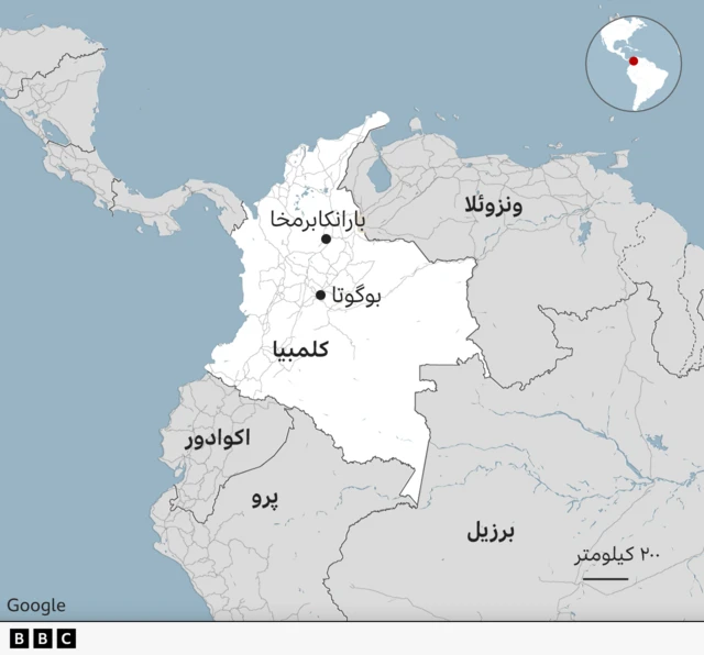 نقشه کلمبیا و کشورهای همسایه - ونزوئلا در شرق، برزیل و پرو در جنوب و اکوادور در جنوب غربی. بارانکابرمخا در شمال بوگوتا، پایتخت کلمبیا، واقع شده است