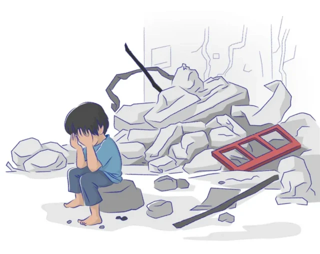 تصویرسازی کودکی بر کنار آوار ساختمانی نشسته و دست‌هایش را روی صورتش گرفته است