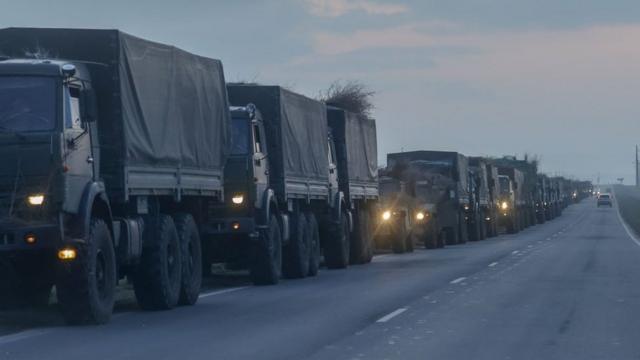 A convoy of Russian military vehicles is seen as the vehicles move towards border in Donbas region of eastern Ukraine on February 23, 2022 in Russian border city Rostov.