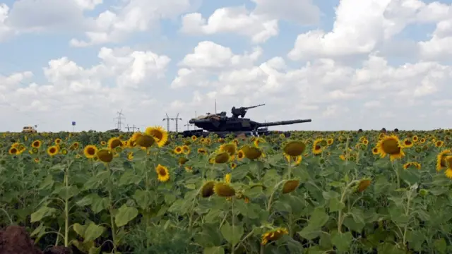 यूक्रेन में सूरजमुखी के खेत में खड़ा हुआ टैंक