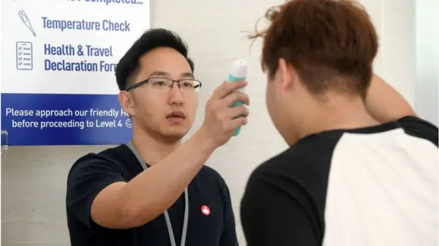 প্রতিটি ভবনের প্রবেশমুখে তাপমাত্রা পরিমাপ করা হচ্ছে।