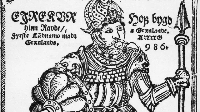 Illustration par Erik le Rouge du "Gronlandia" d'Arngrin Jonas, le premier récit imprimé de la découverte de l'Amérique par les Vikings. Imprimé par Hendrick Kruse, Skaholt, Islande, 1688.