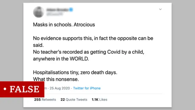 تغريدة تشير إلى أنه لم يسبق لأي معلم أن التقط عدوى المرض من تلميذ، صنفت بأنها كاذبة