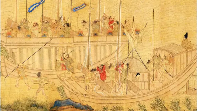 Lukisan pertempuran antara bajak laut Jepang dan pasukan Dinasti Ming China.