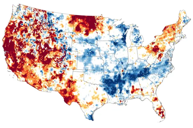 ABD'de bölgelerin kuraklıktan etkilenme düzeyleri, kırmızı renkli noktalarda en yüksek düzeyde.