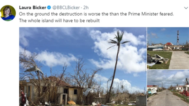 BBC reporter put pictures ontop twitter wey show di level of destruction wey Hurricane Irma don cause for Barbuda island.