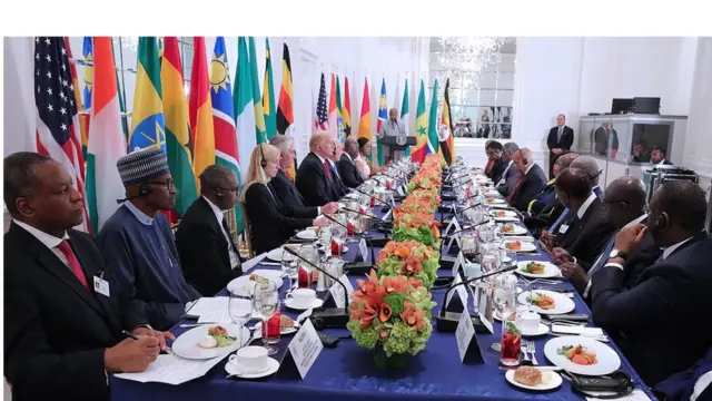 Wide view of di 9 African Presidents for di lunch table with President Trump