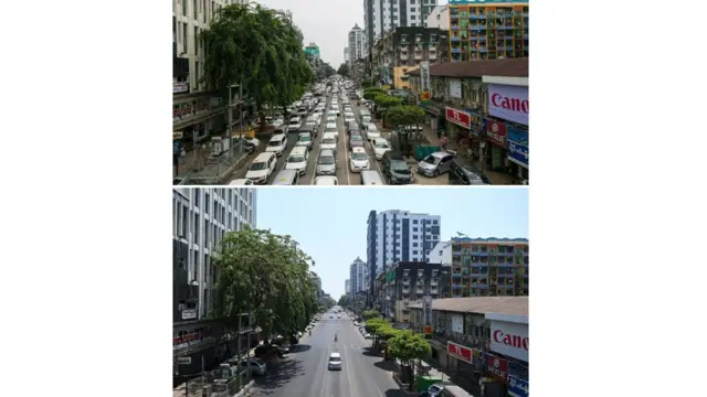 ရန်ကုန်က အနော်ရထာလမ်းမကြီးရဲ့ ယခင်နဲ့ ယခု အသွားအလာကန့်သတ်ထားချိန်မြင်တွေ့ရတဲ့မြင်ကွင်း