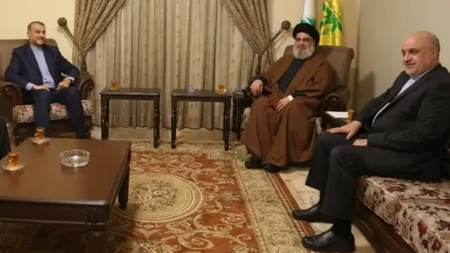 تصویری از دیدار روز جمعه امیرعبداللهیان و حسن نصرالله که توسط خبرگزاری رسمی جمهوری اسلامی (ایرنا) منتشر شده