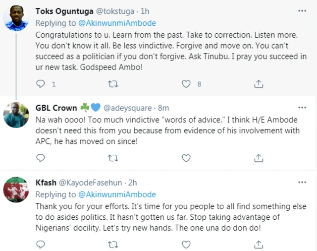 Reaction wey follow Akinwunmi Ambode tweets