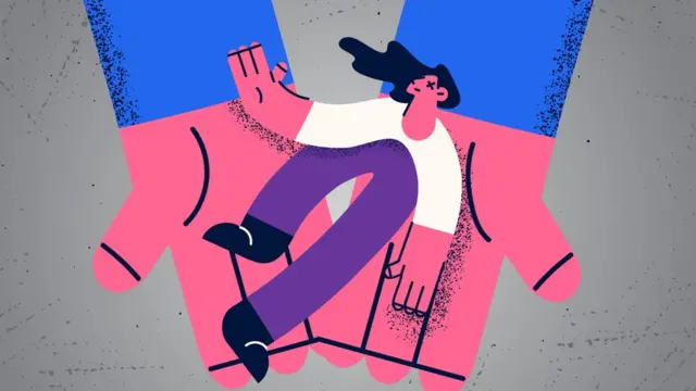 Ilustración de un hombre en la palma de la mano de un gigante.