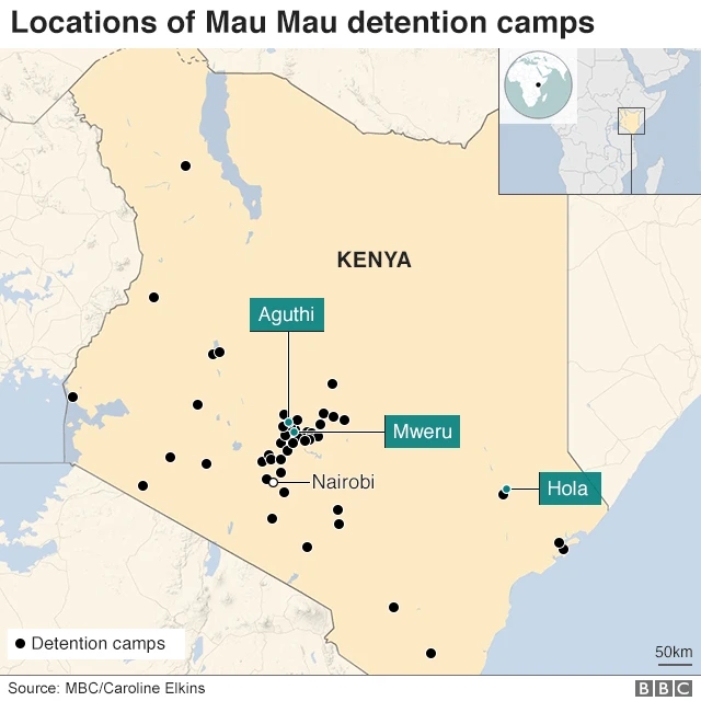 Map showing location of detention camps