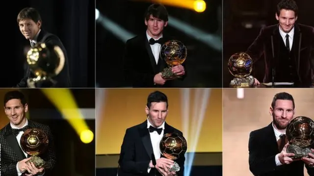Lionel Messi with his six Ballon d'Or trophies